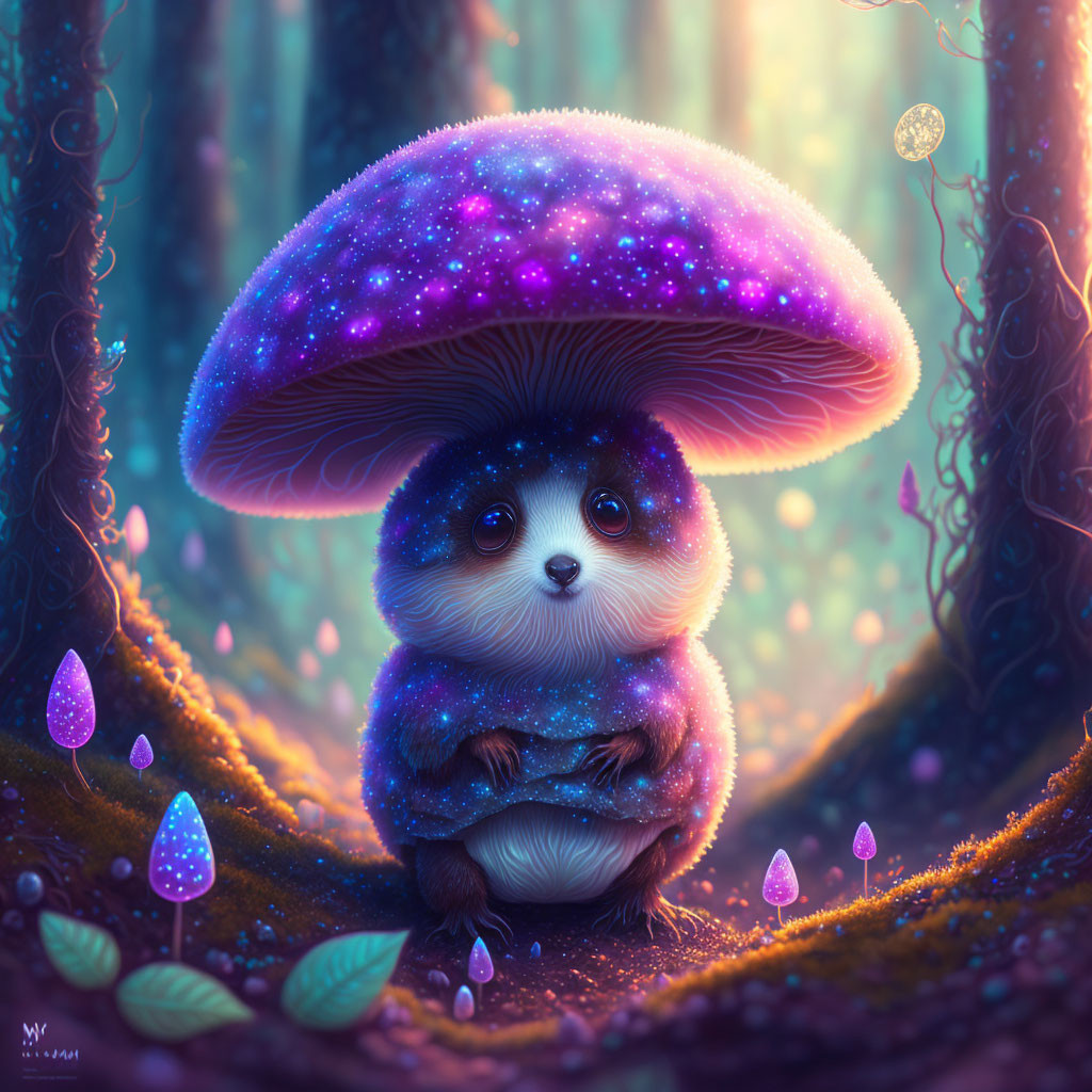 Whimsical illustration: Cute creature under giant glowing mushroom