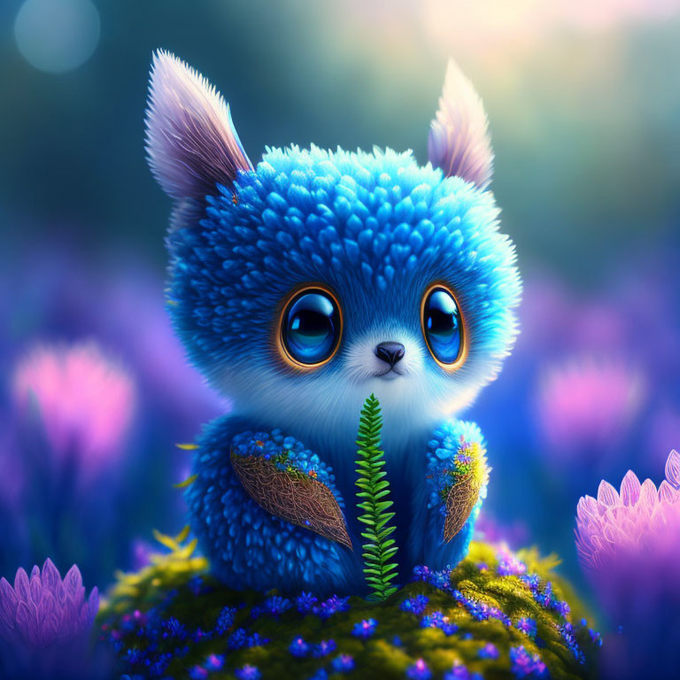 Blue-furred fantasy creature surrounded by vibrant flowers in warm glow