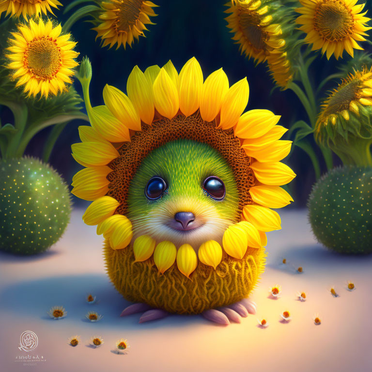 Colorful Illustration of Cute Green Creature in Sunflower Patch