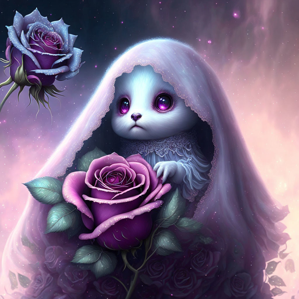 Whimsical creature with purple eyes holding a rose under starry sky