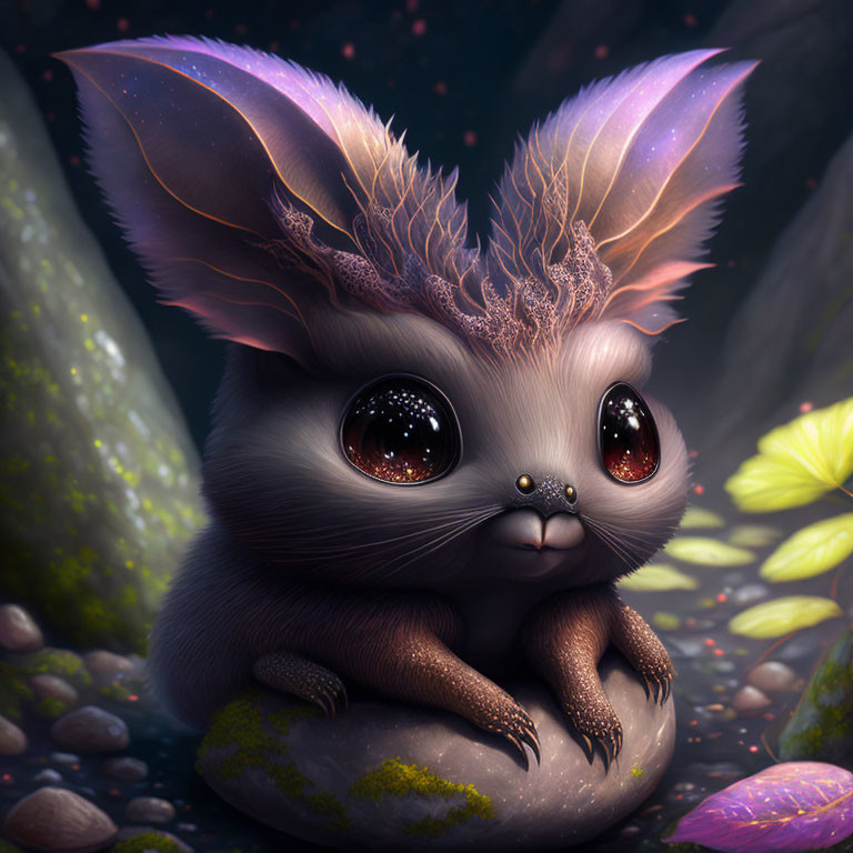 Fantastical bunny-like creature with luminous eyes in mystical forest