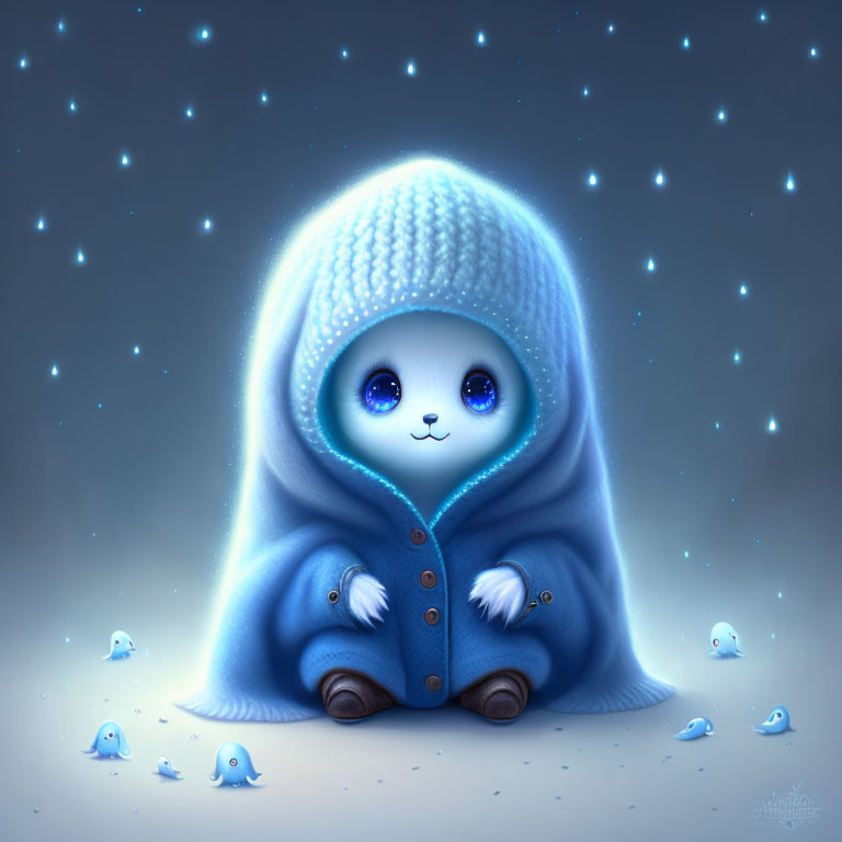 Stylized creature in blue hoodie with white face among tiny blue creatures under starry sky