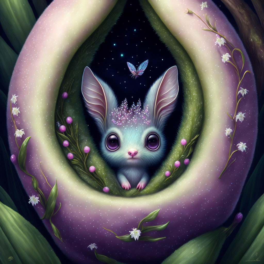 Wide-eyed furry creature emerges from leafy cocoon in starry night setting