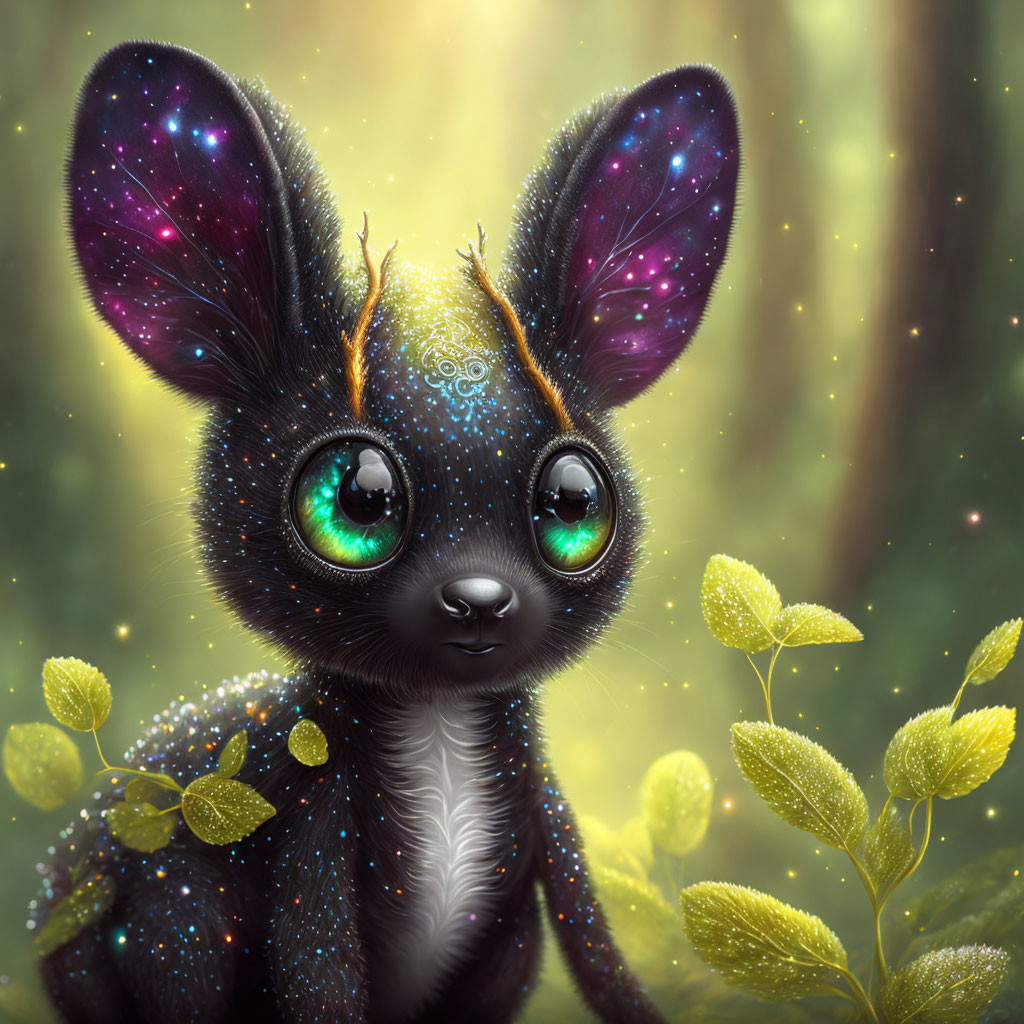 Black furred rabbit with galaxy-patterned ears in mystical forest