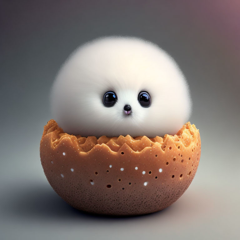 Fluffy white creature in cracked eggshell with expressive eyes