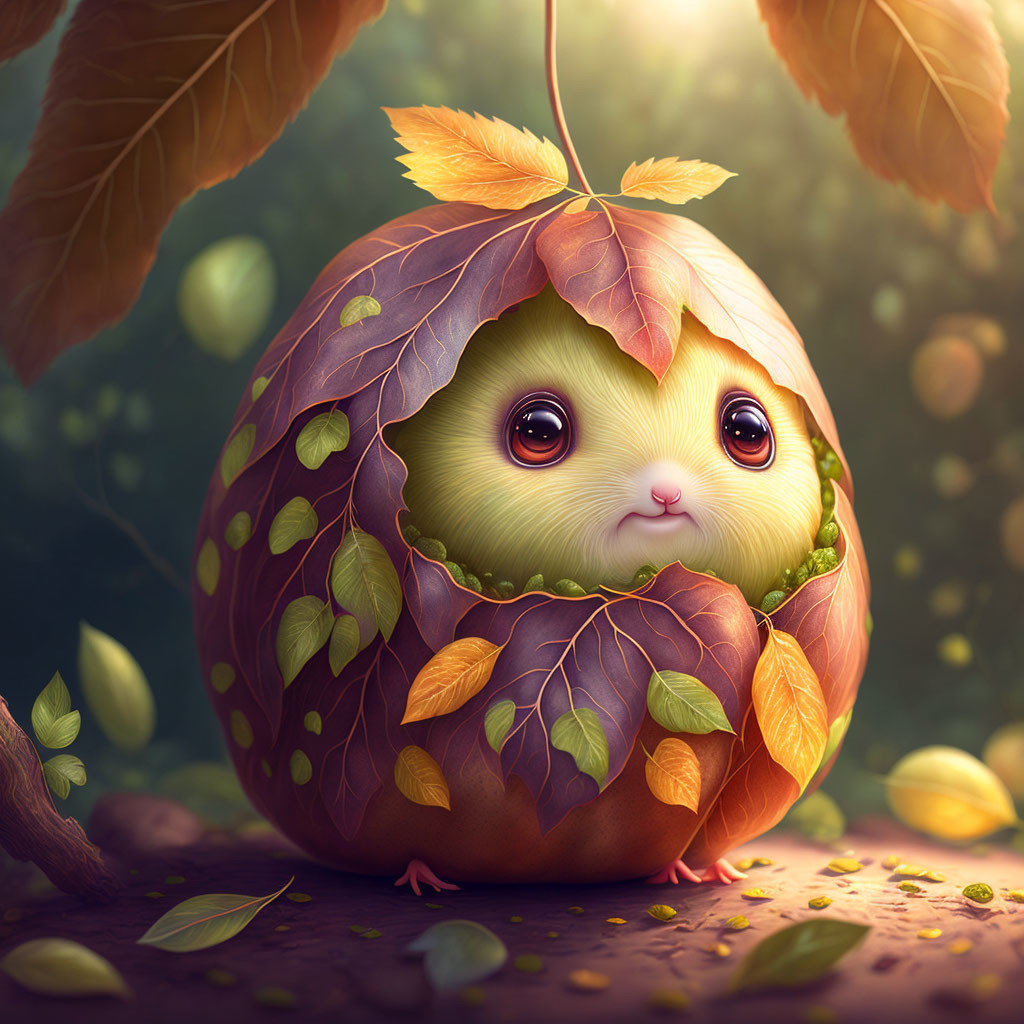 Round hamster-like animal in berry with autumn leaves