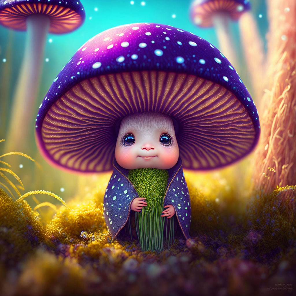 Whimsical illustration of cute character under oversized mushroom in enchanted forest