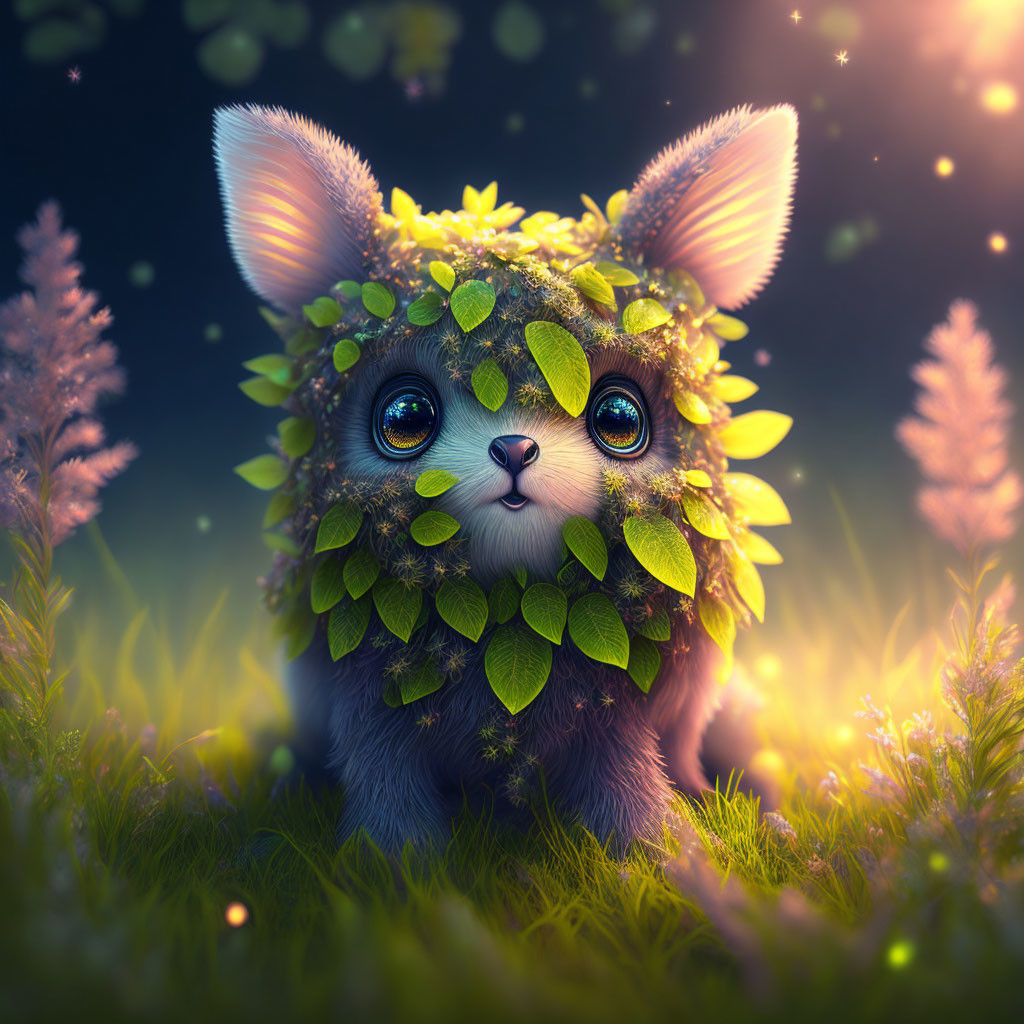 Adorable animal with expressive eyes in magical meadow