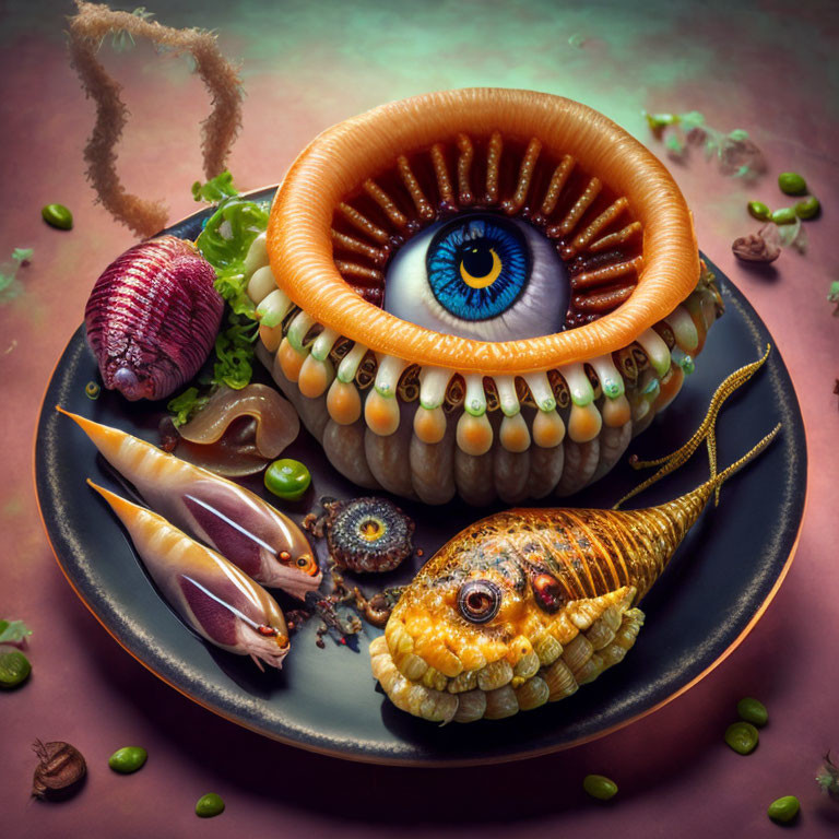 Surreal feast featuring eye on corn cob, fish with limbs, octopus, shell, greens