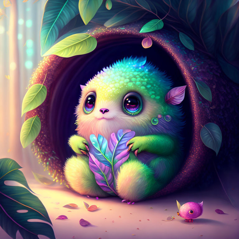 Colorful illustration of cute creature with large eyes in lush setting