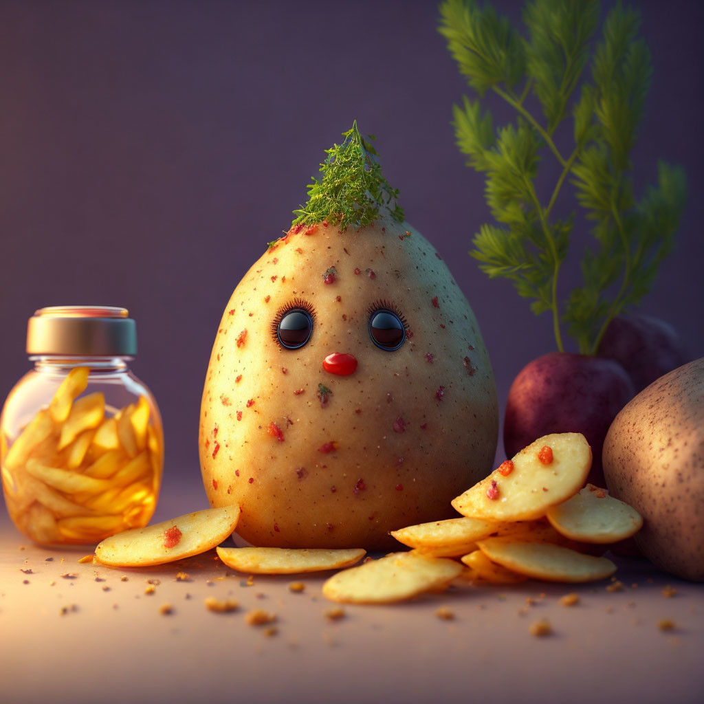 Anthropomorphic potato with sprout, chips, jar, and whole potatoes on purple backdrop.