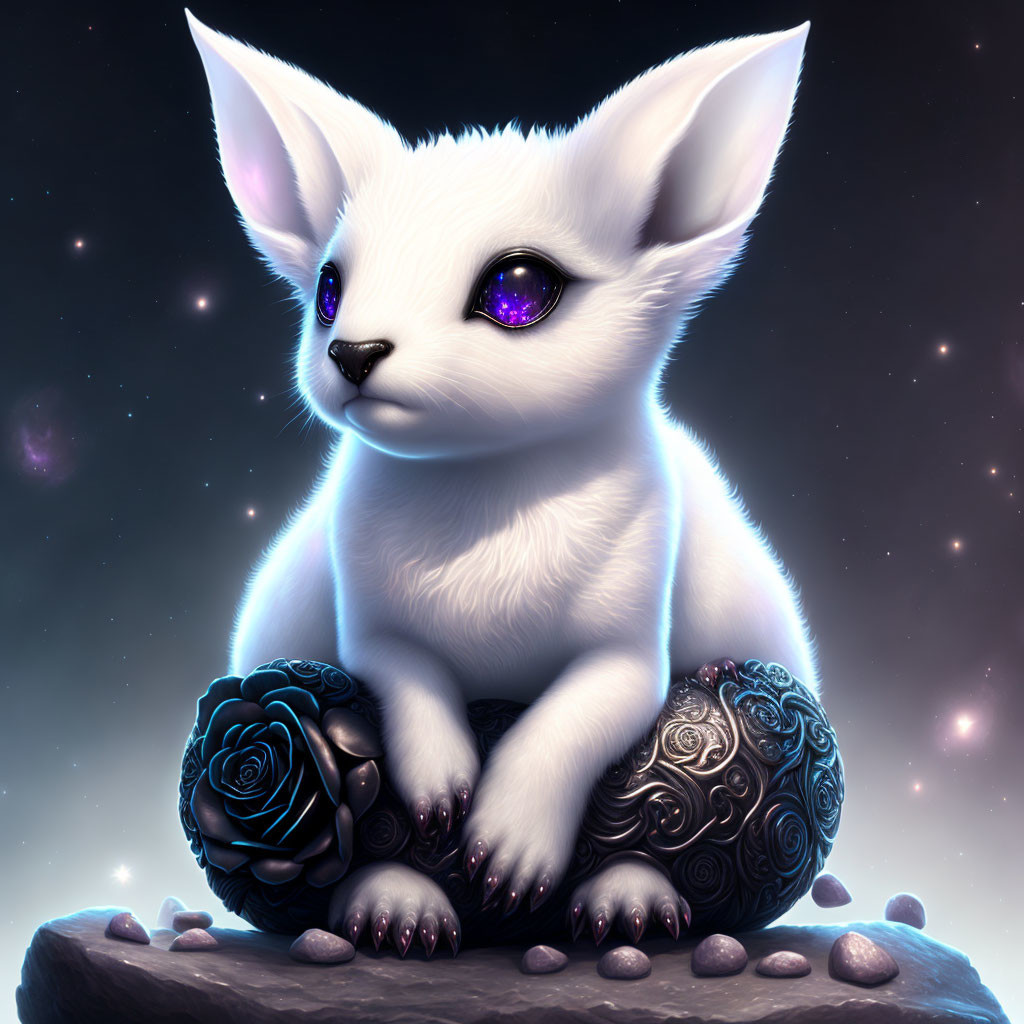 Mythical white kitten with purple eyes on rock with black roses in starry sky