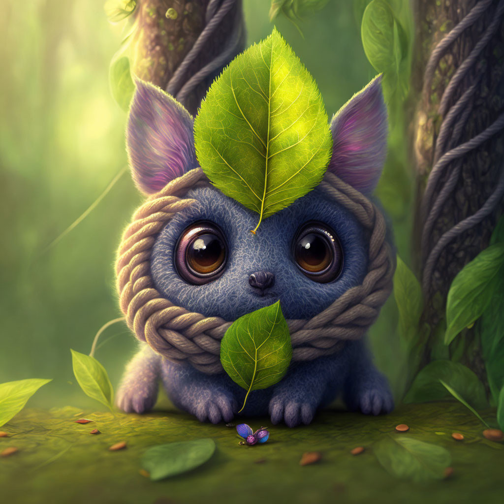 Animated creature with big eyes peeking from green leaves.