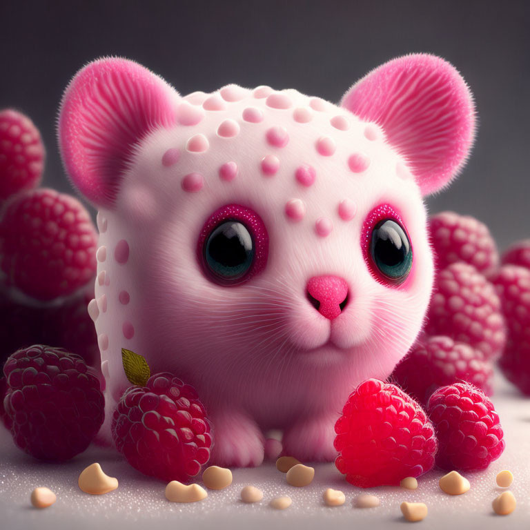 Pink cat-raspberry hybrid with large eyes, surrounded by raspberries and hearts