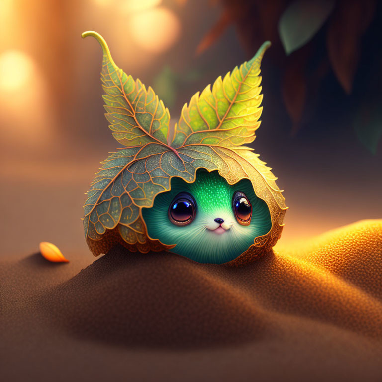 Whimsical illustration of cute animal with big green eyes peeking from leaf