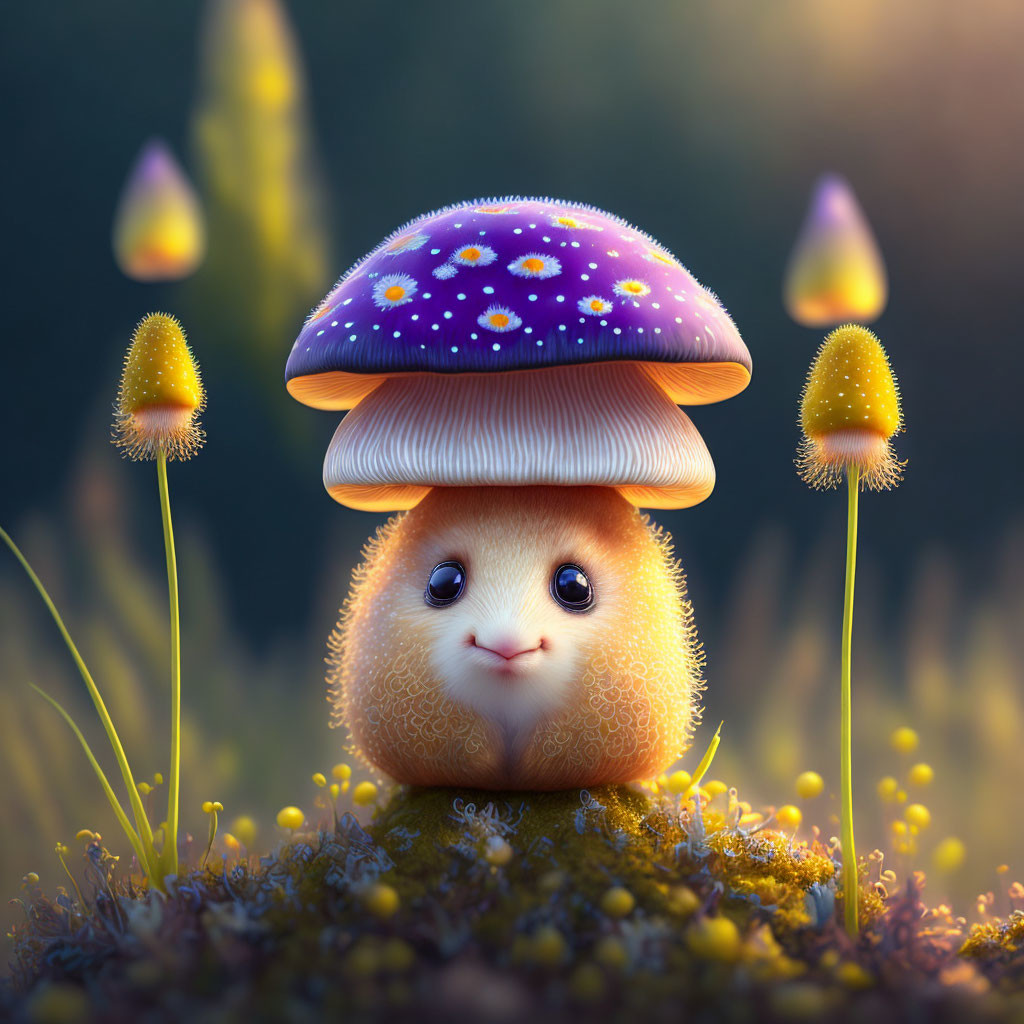 Illustration of whimsical creature with mushroom hat in glowing twilight scene