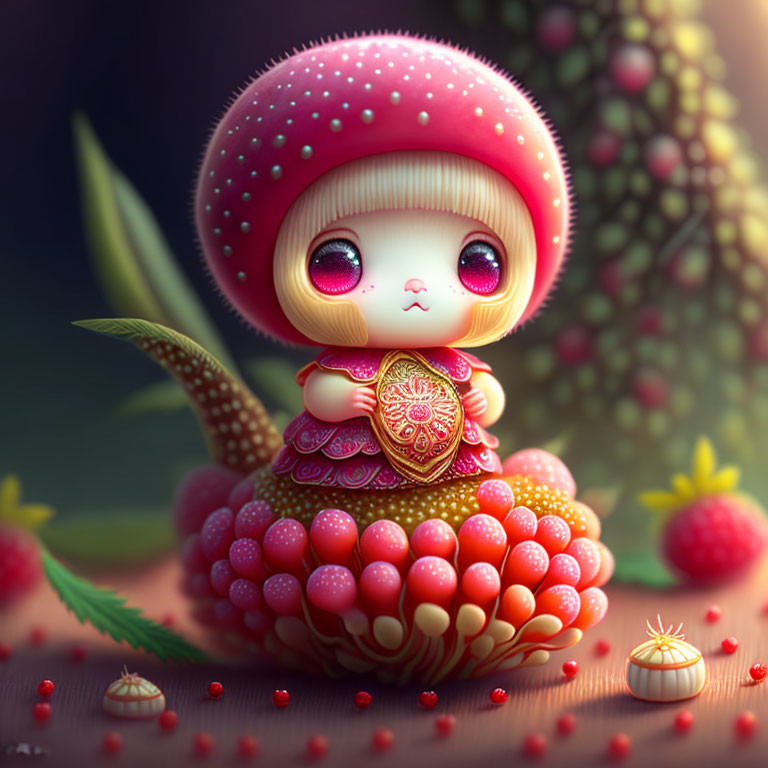 Whimsical character with large eyes on fantasy fruit in vibrant colors