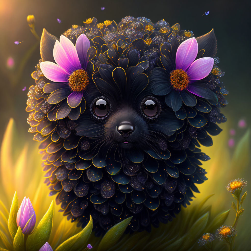 Black fluffy creature with floral textures in vibrant fantasy illustration