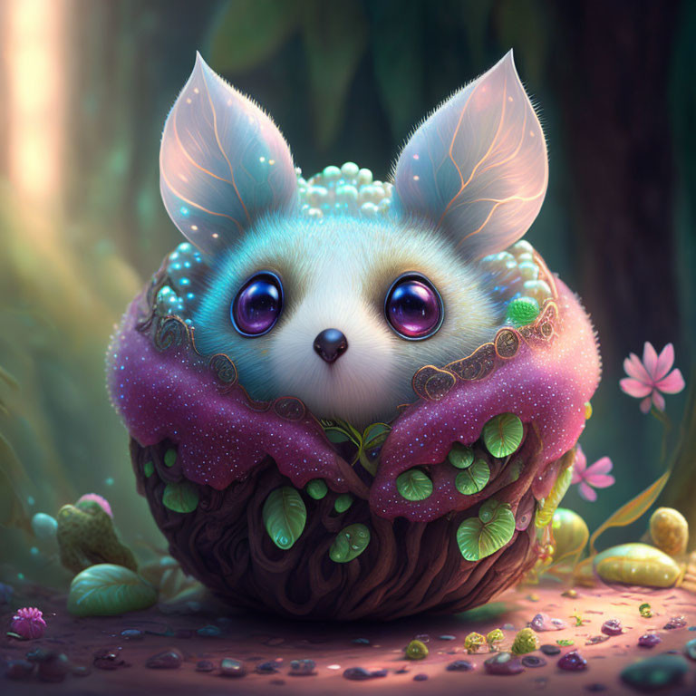 Colorful whimsical creature in ornate shell amidst fantastical forest