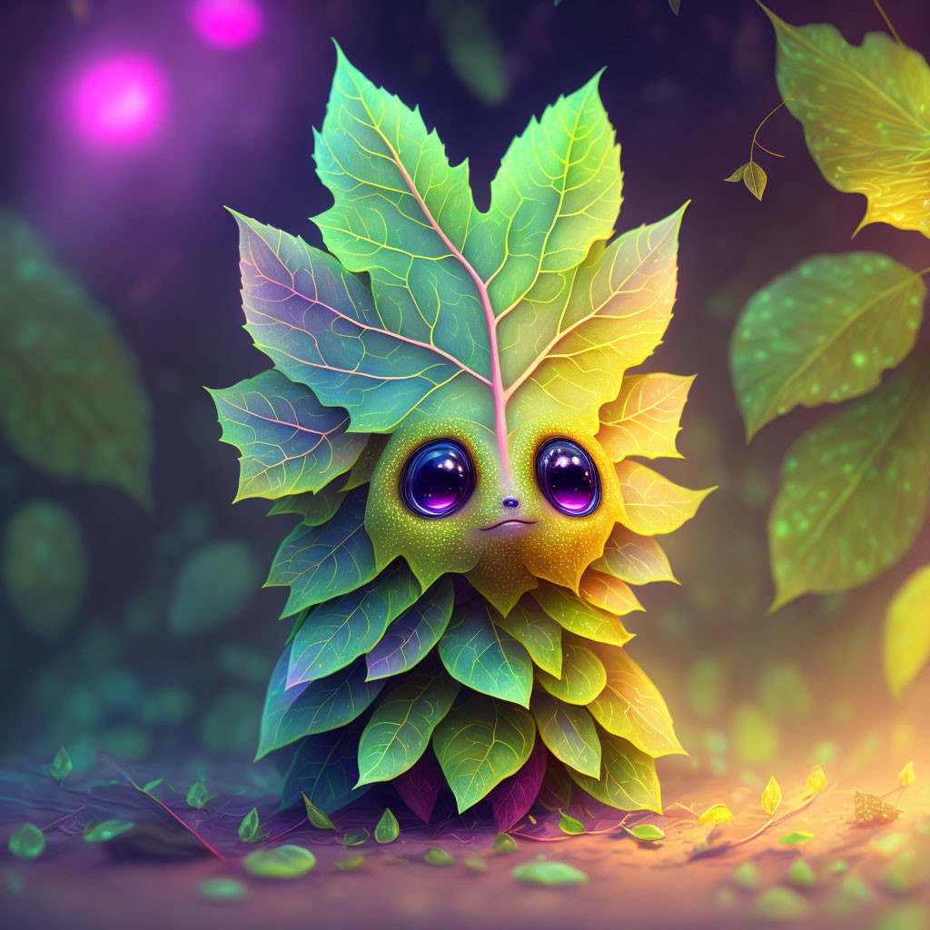 Whimsical creature with large shiny eyes in a mystical forest