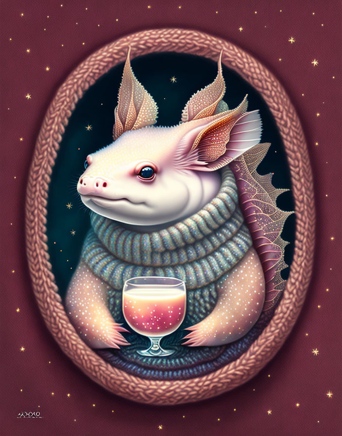 Cozy dragon in sweater with warm drink in starry background