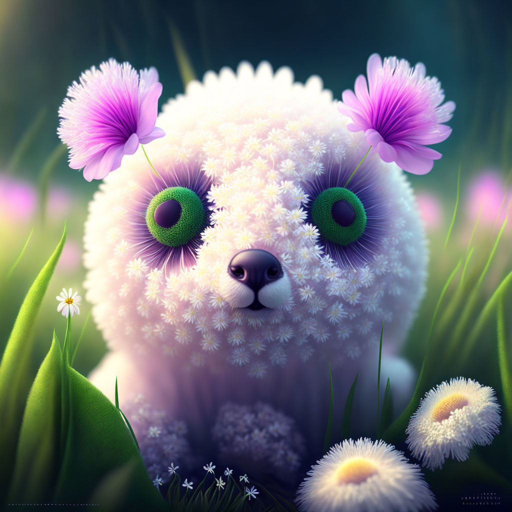 Fluffy creature with dandelion fur and purple flower ears in vibrant field