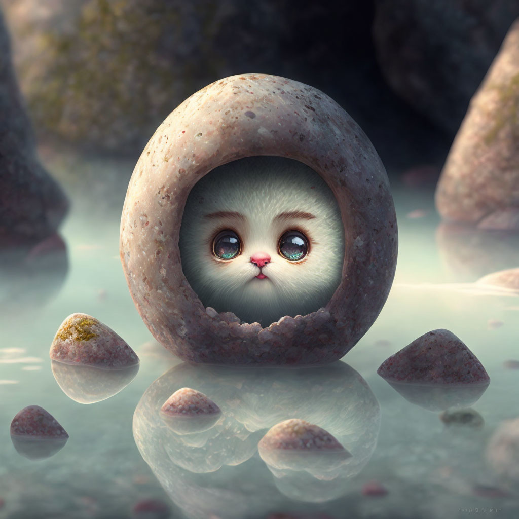 Round-faced creature with large eyes in stone-like sphere in misty environment