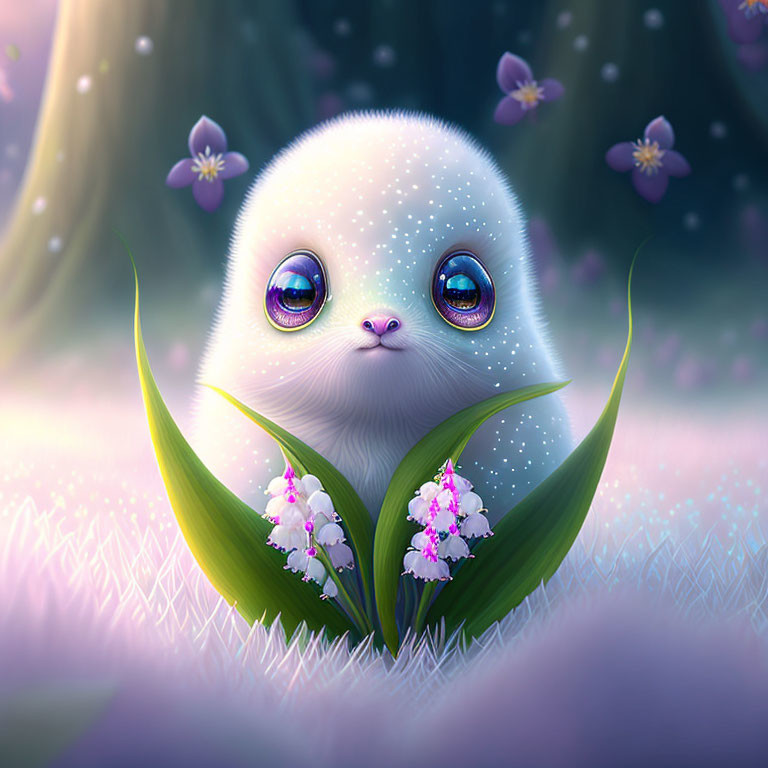 Cute creature with big eyes in green leaves and purple flowers