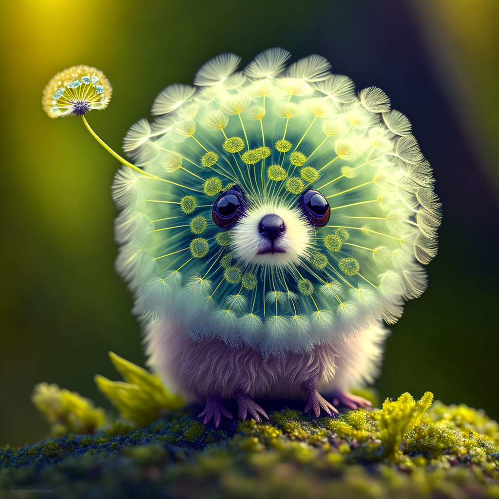 Round dandelion seed-covered creature with big eyes and tiny paws