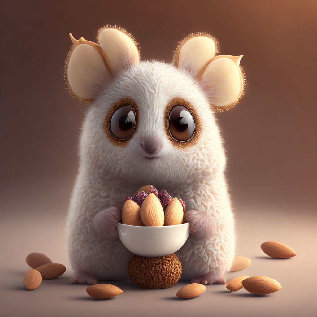 Fluffy creature holding nuts on warm background