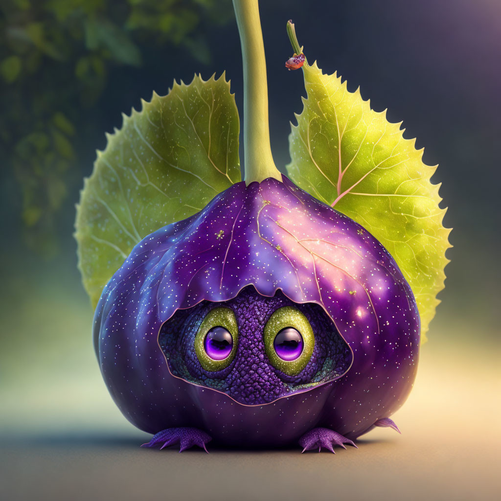 Purple anthropomorphic eggplant with expressive eyes and small feet among green leaves and orange insect