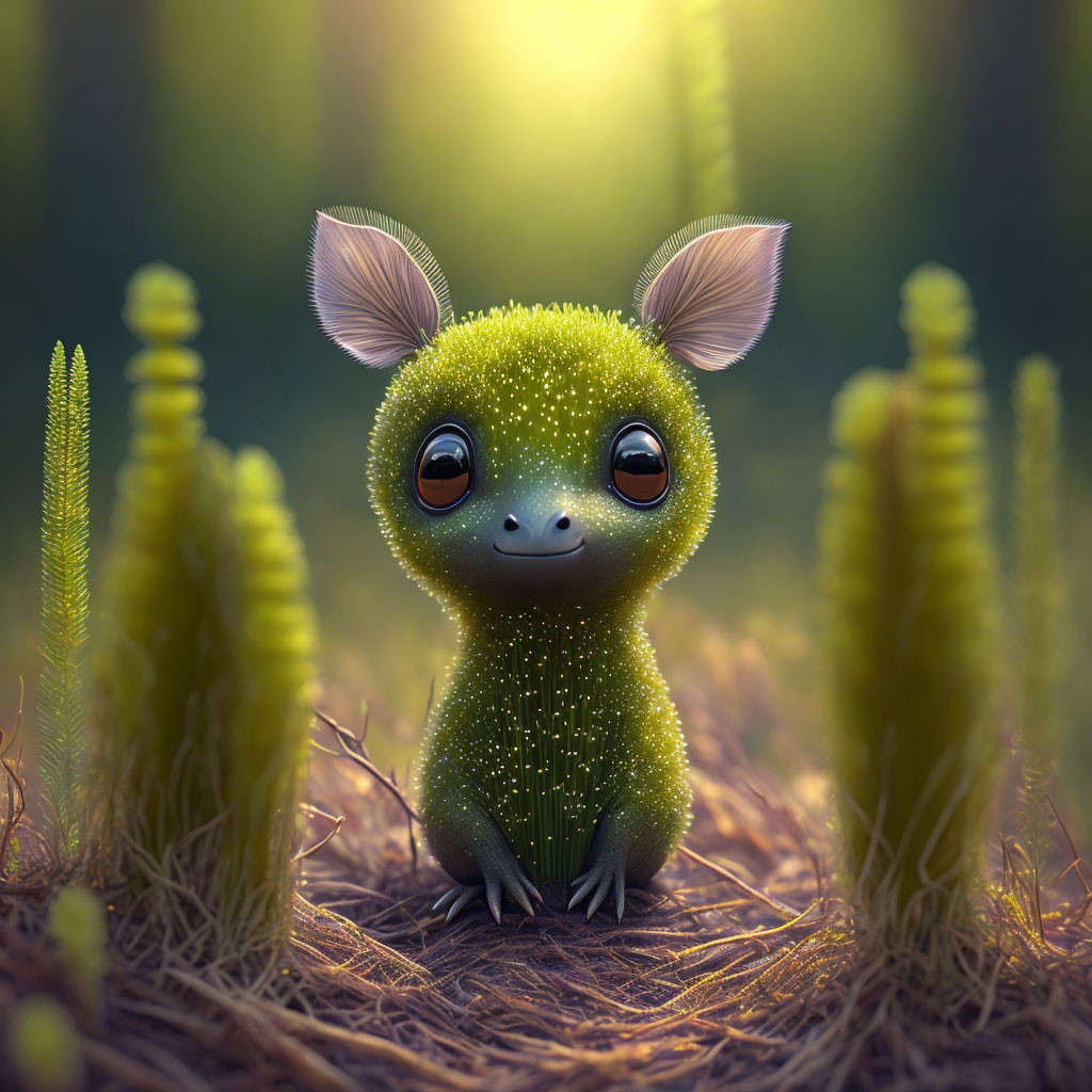 Green fantastical creature with big eyes in forest clearing.