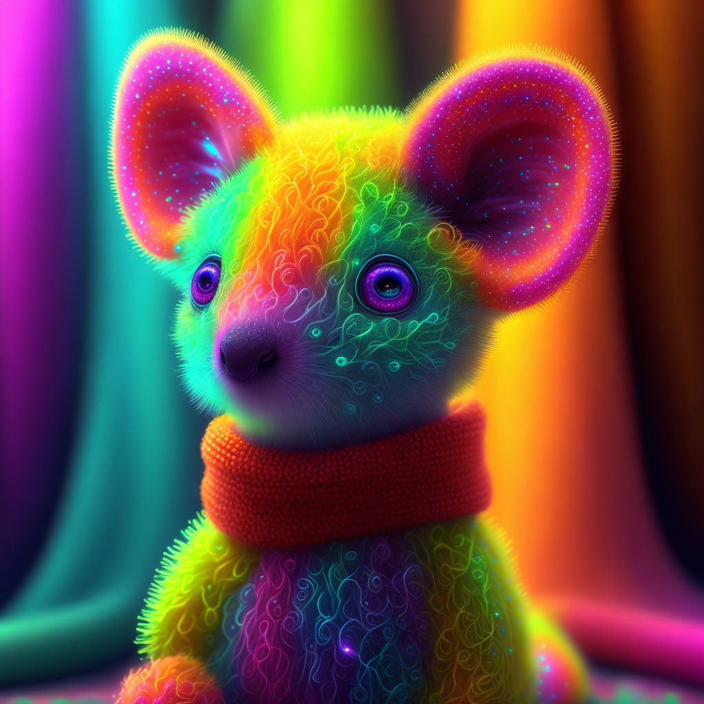 Colorful furry creature with glowing ears and big eyes in neon hues on psychedelic backdrop