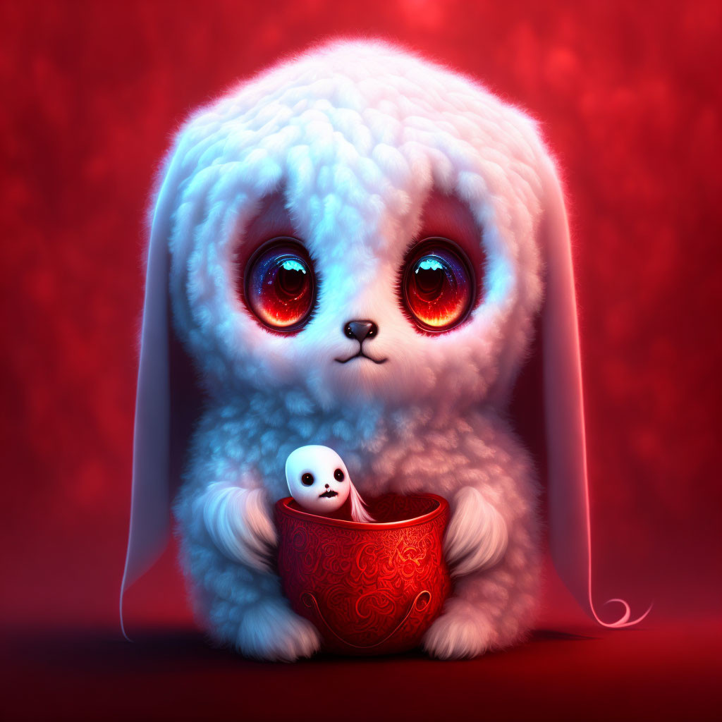 White Cartoon Creature with Sad Red Eyes Holding Skull Cup on Red Background