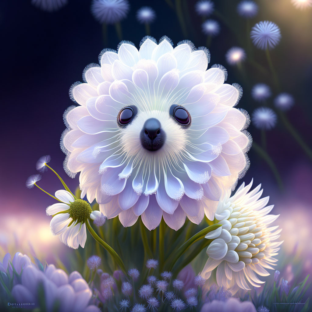 Adorable flower creature illustration in twilight setting