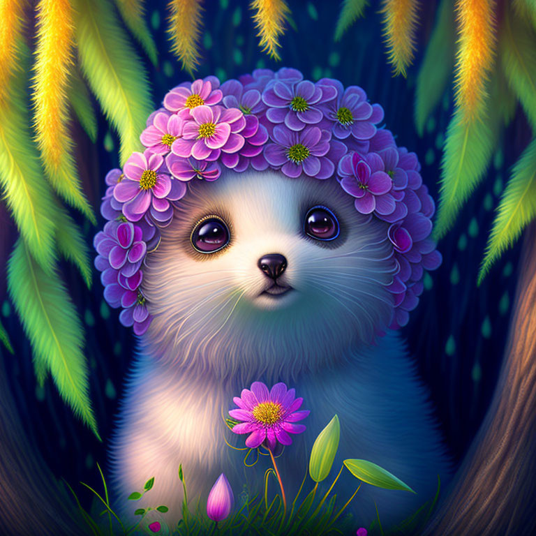 Cute seal with purple flower crown in lush greenery