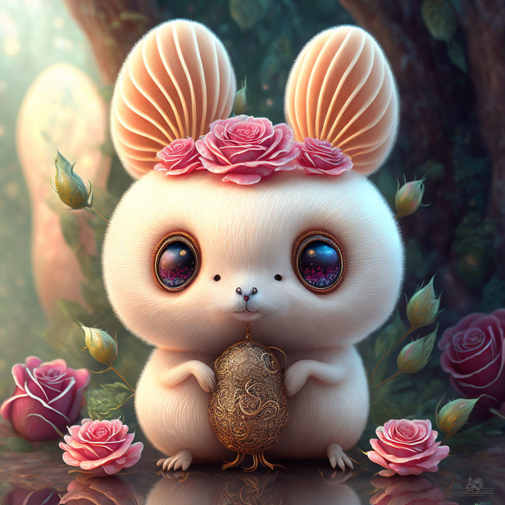 Whimsical creature with large ears, roses, and golden egg