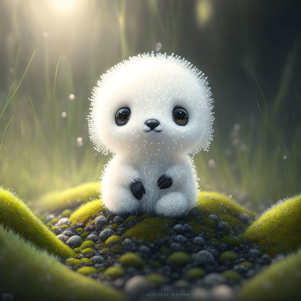 Fluffy white fantasy creature with expressive eyes in serene natural setting