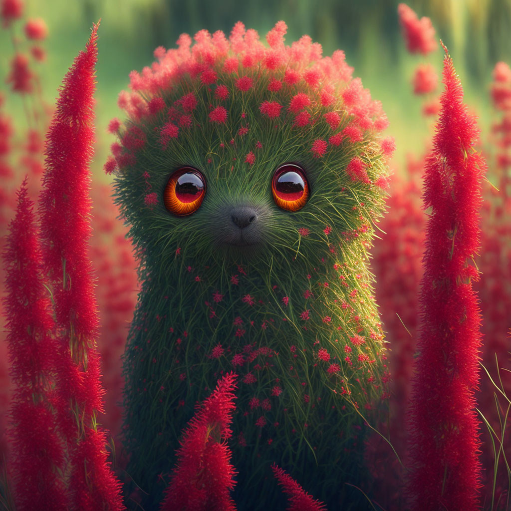 Colorful creature with orange eyes and green fur in red flower-filled scene