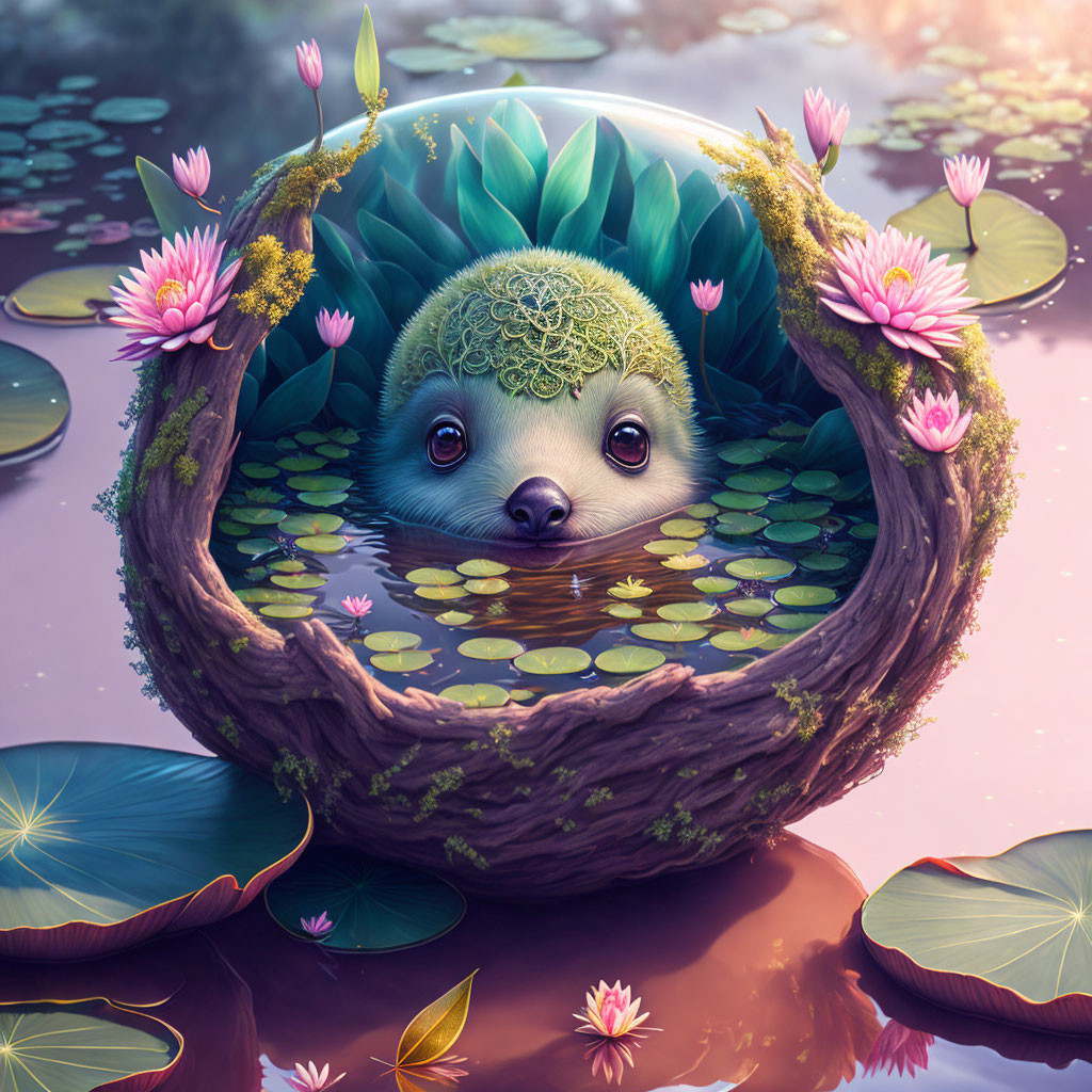 Illustration of submerged sloth surrounded by water lilies