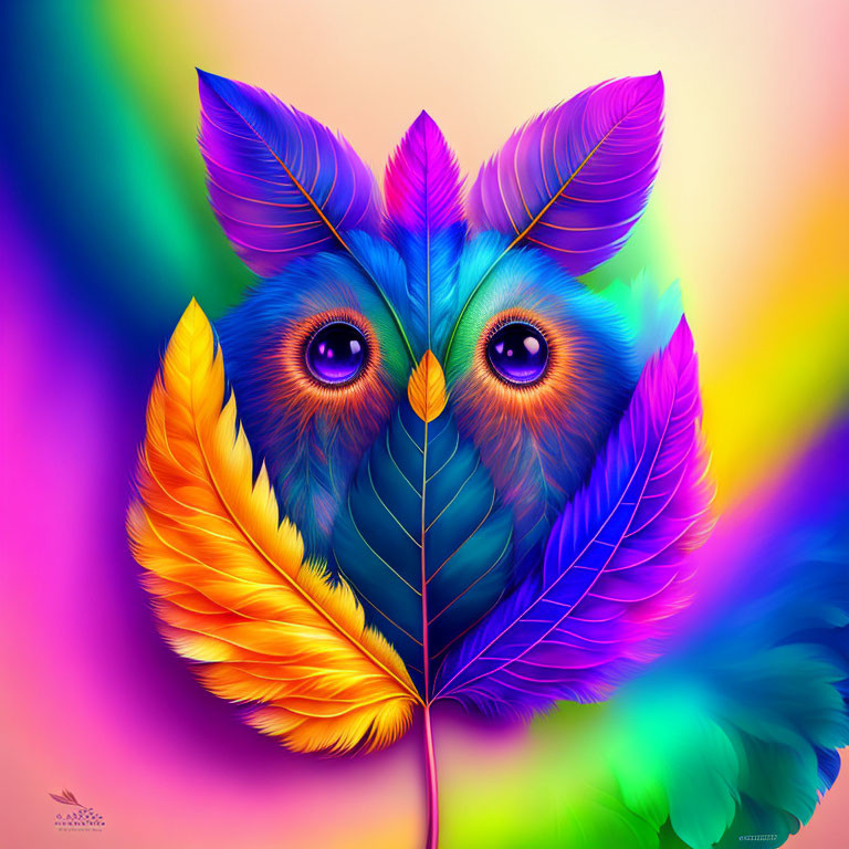 Vibrant multicolored owl face illustration on gradient background