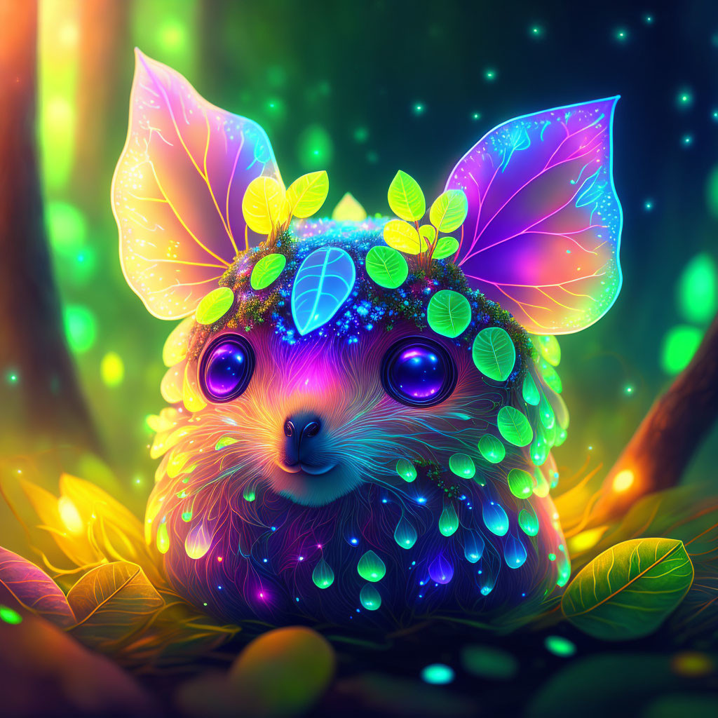 Whimsical creature with glowing eyes in colorful foliage