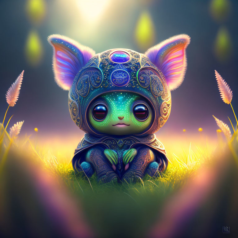 Illustration: Whimsical creature with glowing eyes in magical meadow