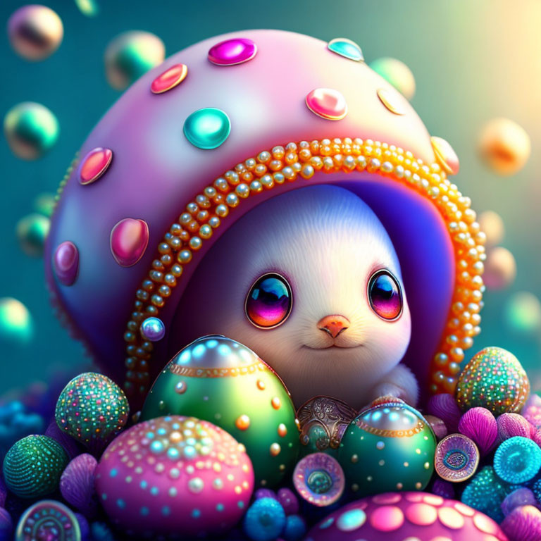 Colorful creature surrounded by patterned eggs and flowers under polka-dotted umbrella