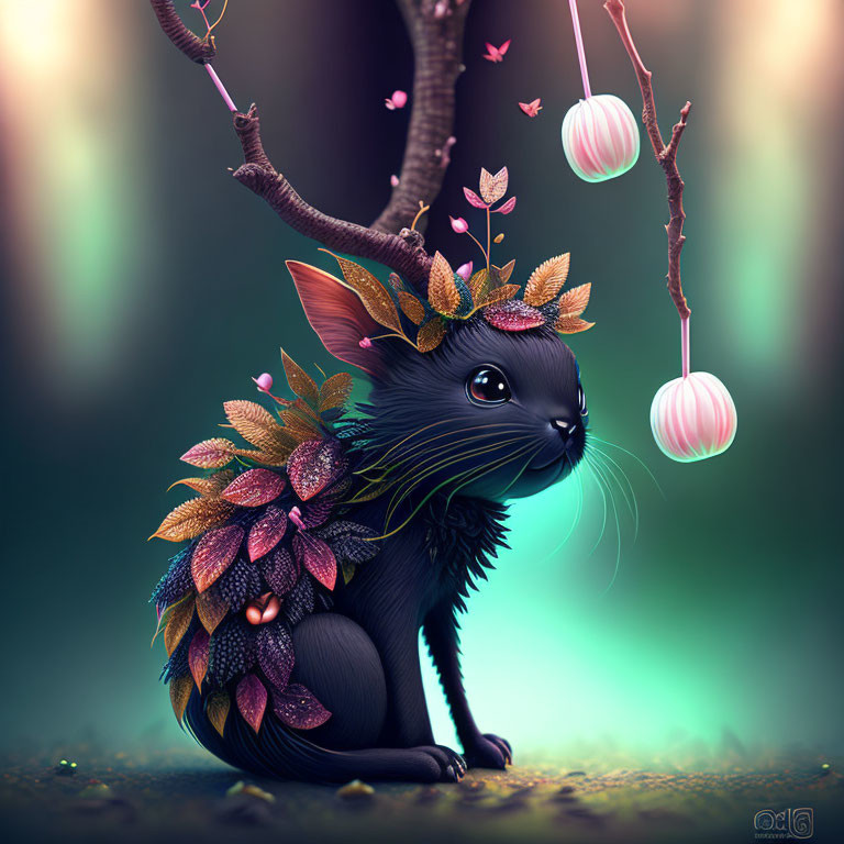 Illustration of black squirrel with leafy foliage and pink lanterns