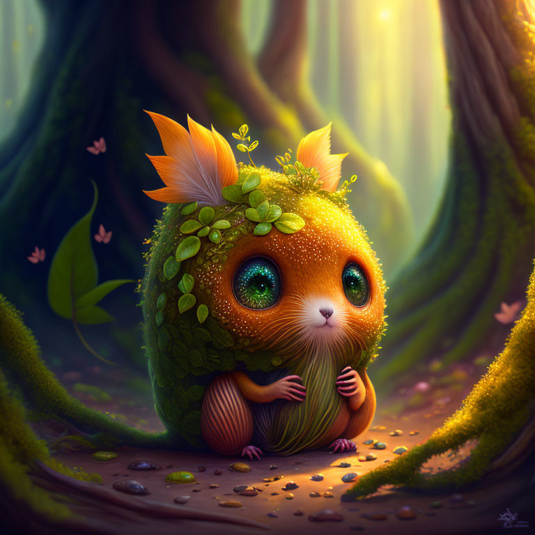 Fantasy creature with green eyes and orange fur in enchanted forest