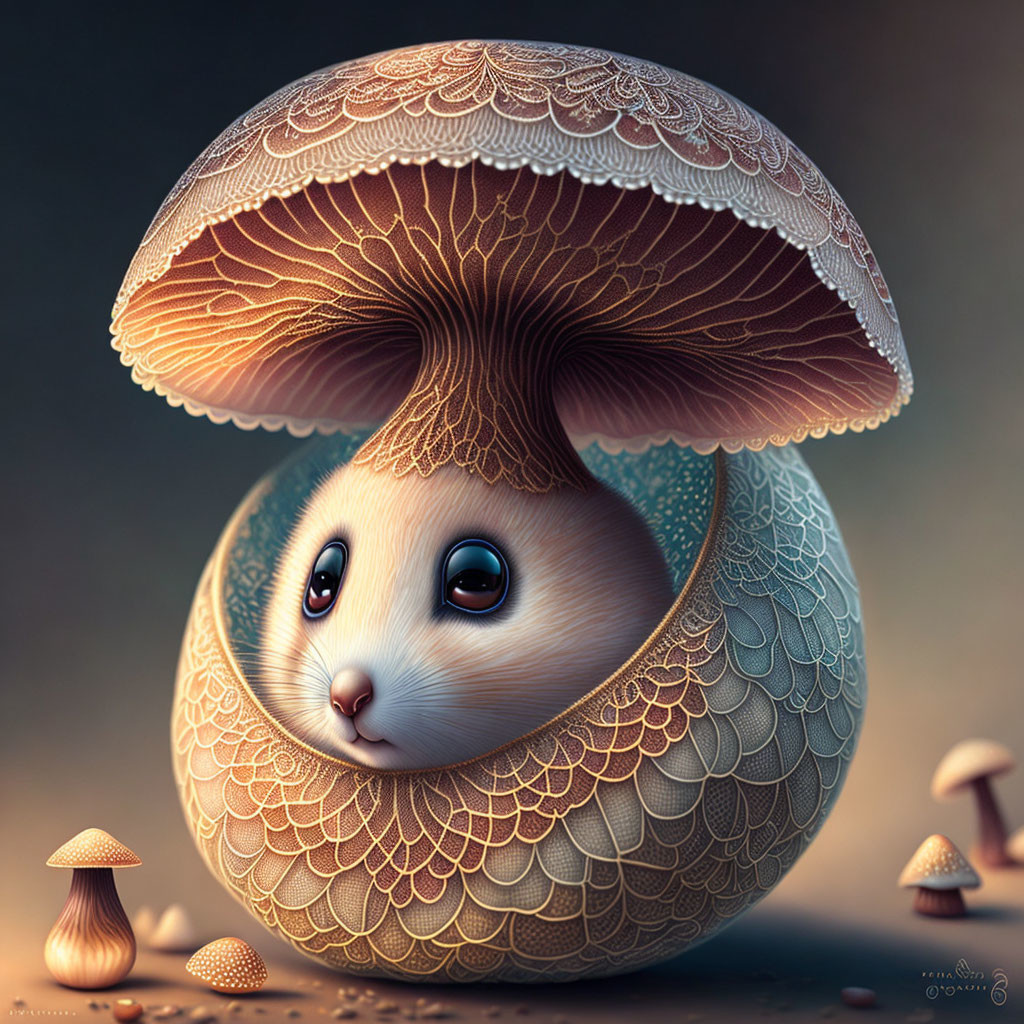 Fluffy creature in ornate mushroom cap illustration