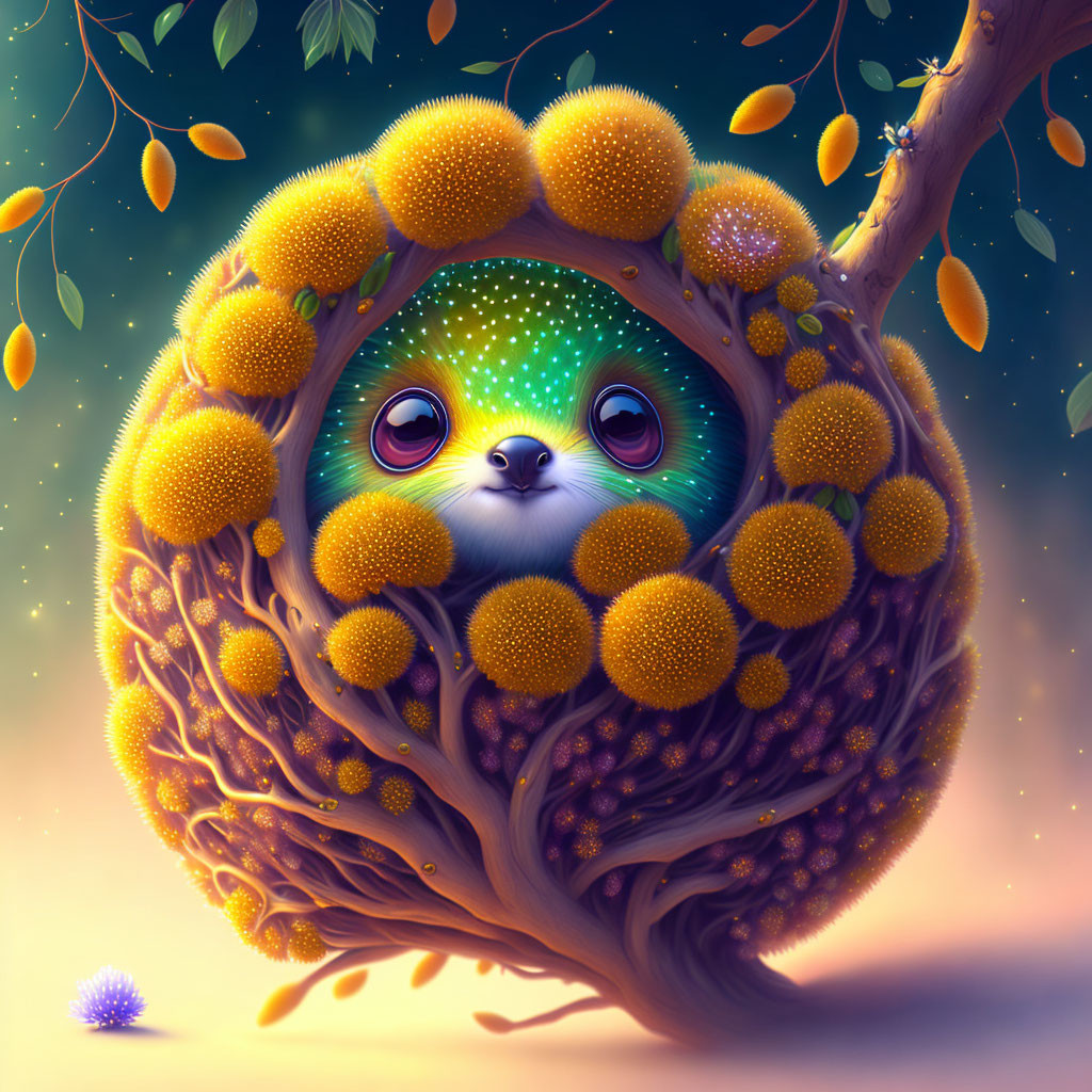 Adorable creature in tree hollow with yellow orbs and leafy twigs