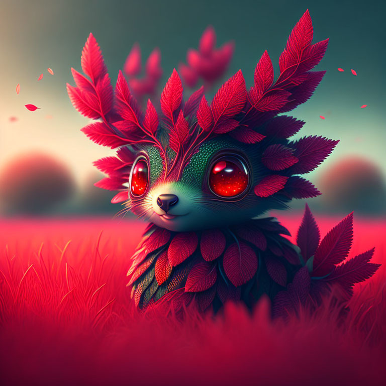 Green creature with red eyes in red field under dusky sky