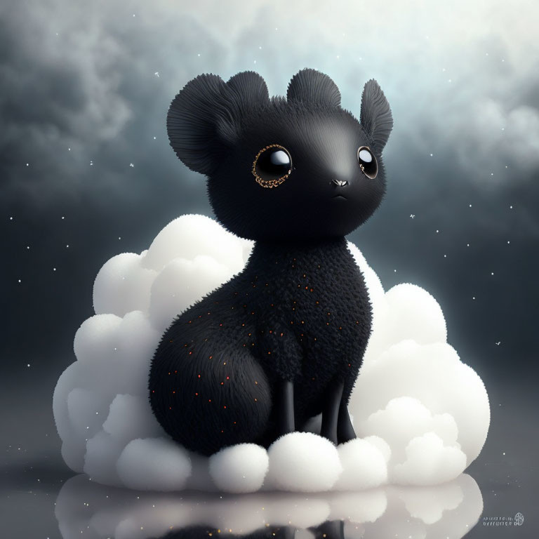 Fluffy black creature with large ears on cloud in starry sky